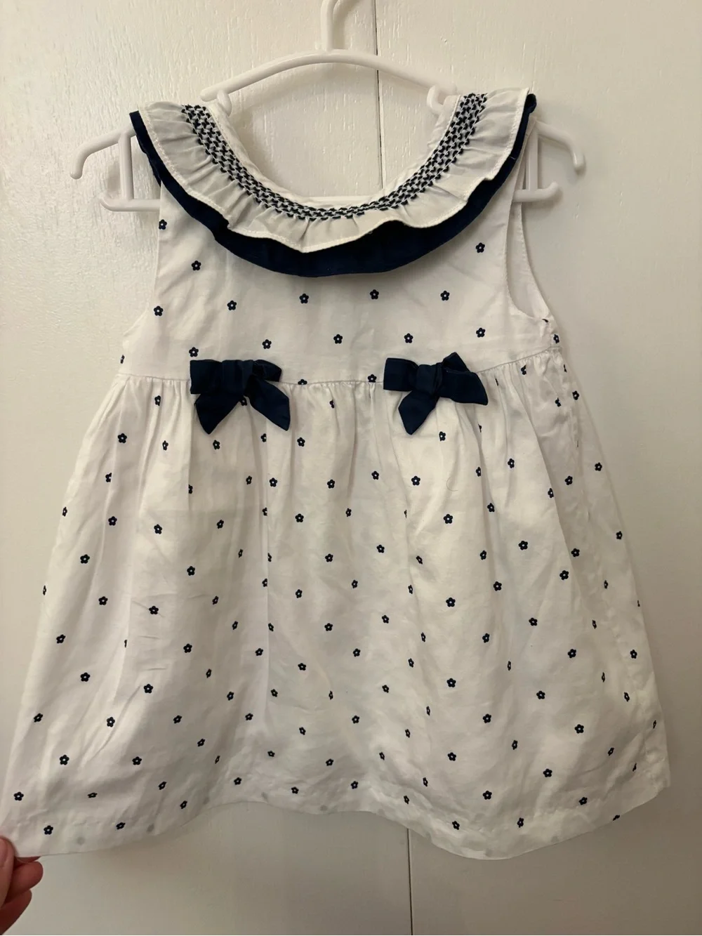 Mayoral White & Navy Embroidered Dress with Matching Diaper Cover